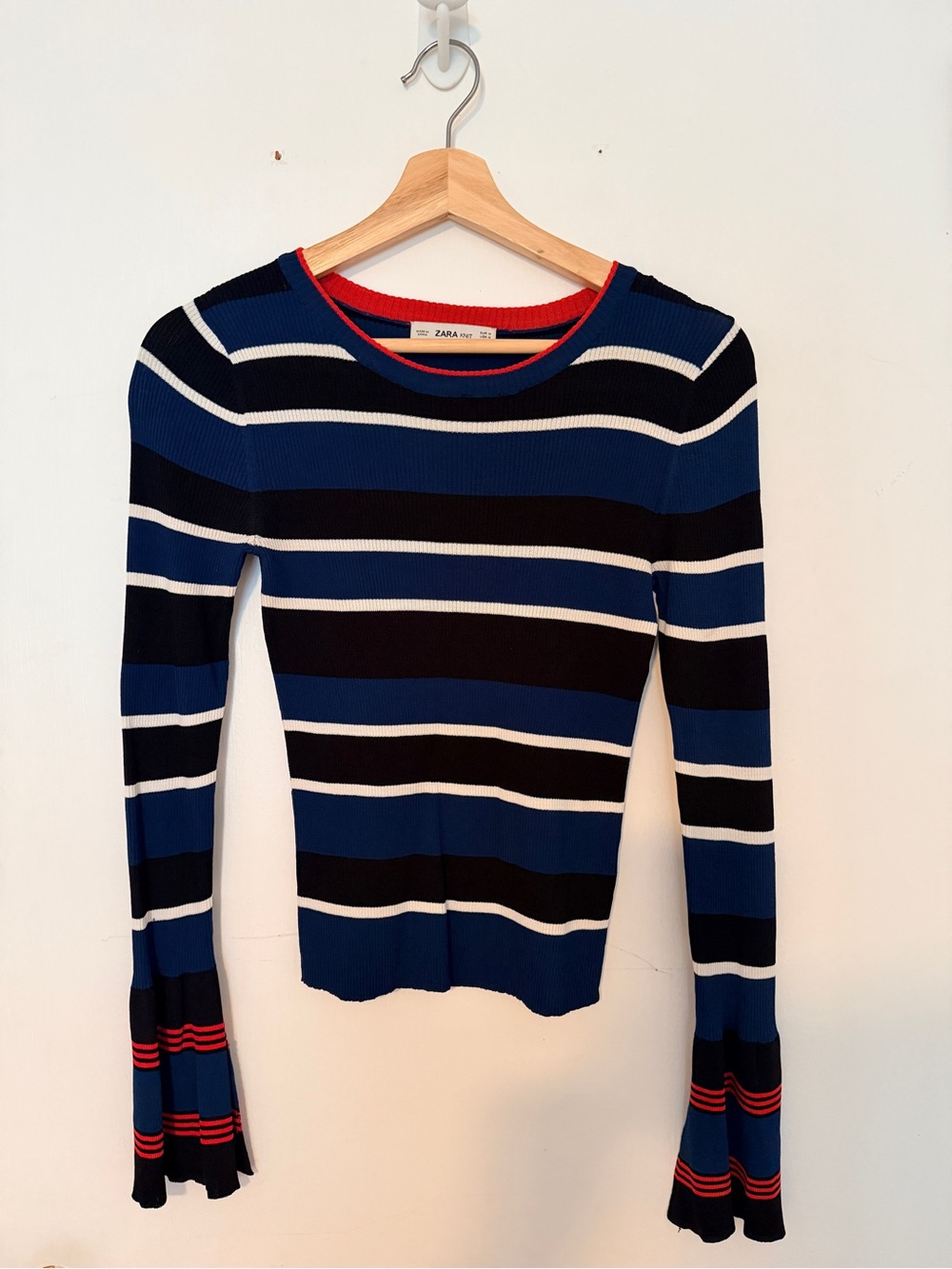 Zara Blue, Black & White Striped Ribbed Long-Sleeve Top with Red Trim